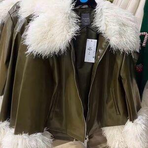 Primark Olive Green Faux Leather Jacket with Fur Trim
